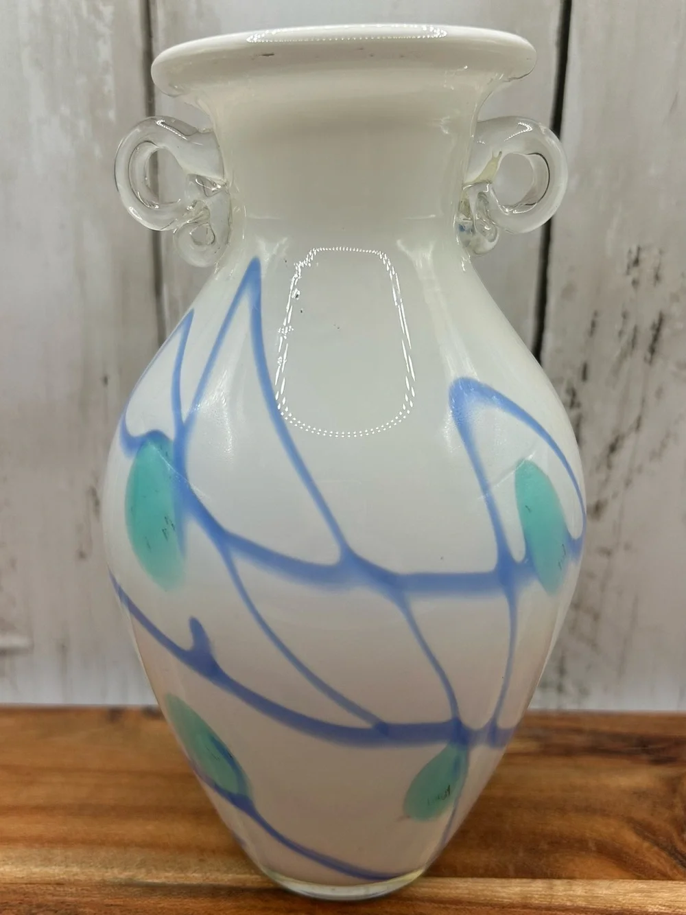 Vintage Art Glass Vase White Blue Aqua Applied Clear Handles Hand Blown